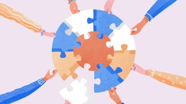 Illustration of diverse hands assembling puzzle pieces in a circle, symbolizing collaboration and inclusive strategies in healthcare marketing.