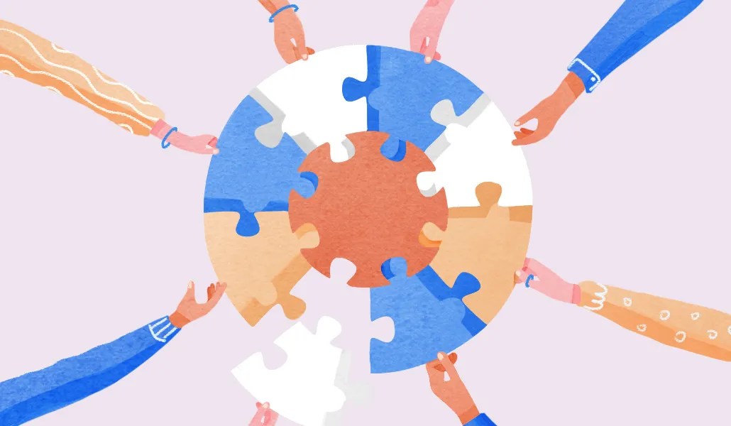 Illustration of diverse hands assembling puzzle pieces in a circle, symbolizing collaboration and inclusive strategies in healthcare marketing.